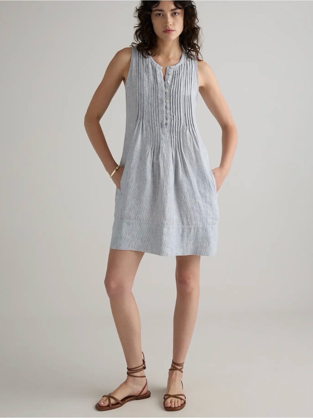 Quince 100% Linen Light Blue Striped Sleeveless Midi Dress